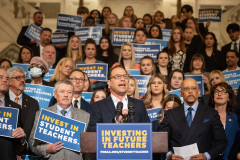April 10, 2024: Senator Vincent Hughes, Senator Ryan Aument, Governor Josh Shapiro, and other lawmakers and teacher advocates announce the next phase of rollout for Pennsylvania’s new, student teacher stipend program.