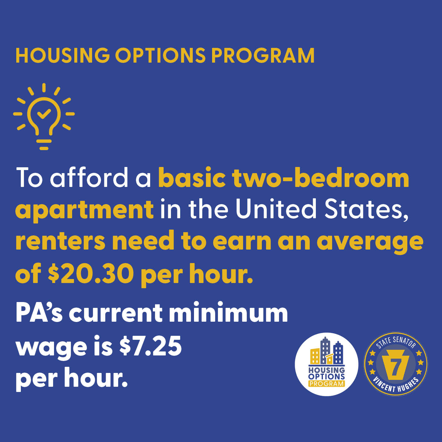 HOUSING OPTIONS PROGRAM - To afford a basic two-bedroom apartment in the United States, renters need to earn an average of $20.30 per hour. PA’s current minimum wage is $7.25 per hour.