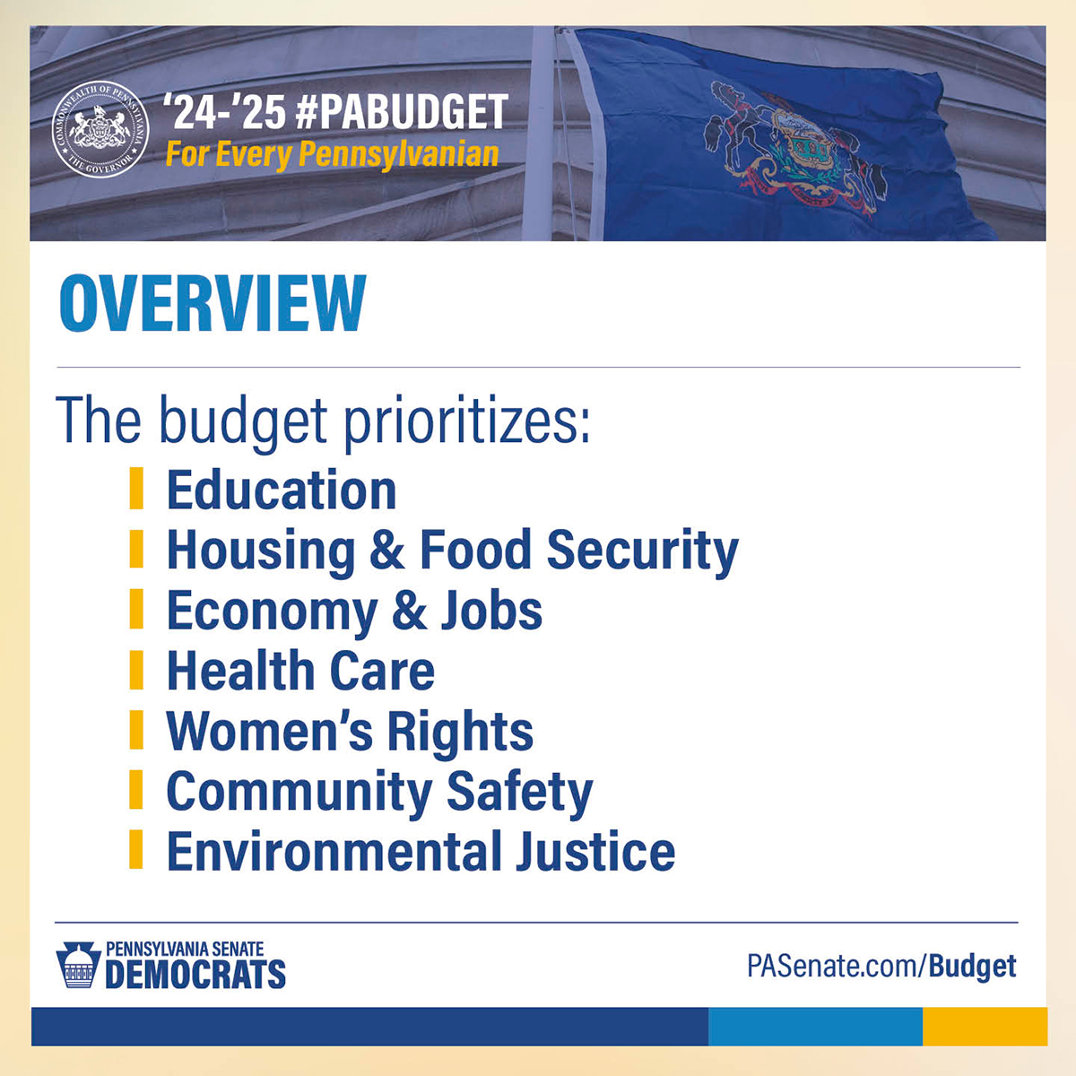 2024-25 PA Presupuesto: Invertir en cada Pennsylvanian - El presupuesto da prioridad a: Educación, Vivienda y Seguridad Alimentaria, Economía y Empleo, Sanidad, Derechos de la Mujer, Seguridad Comunitaria, Justicia Medioambiental.